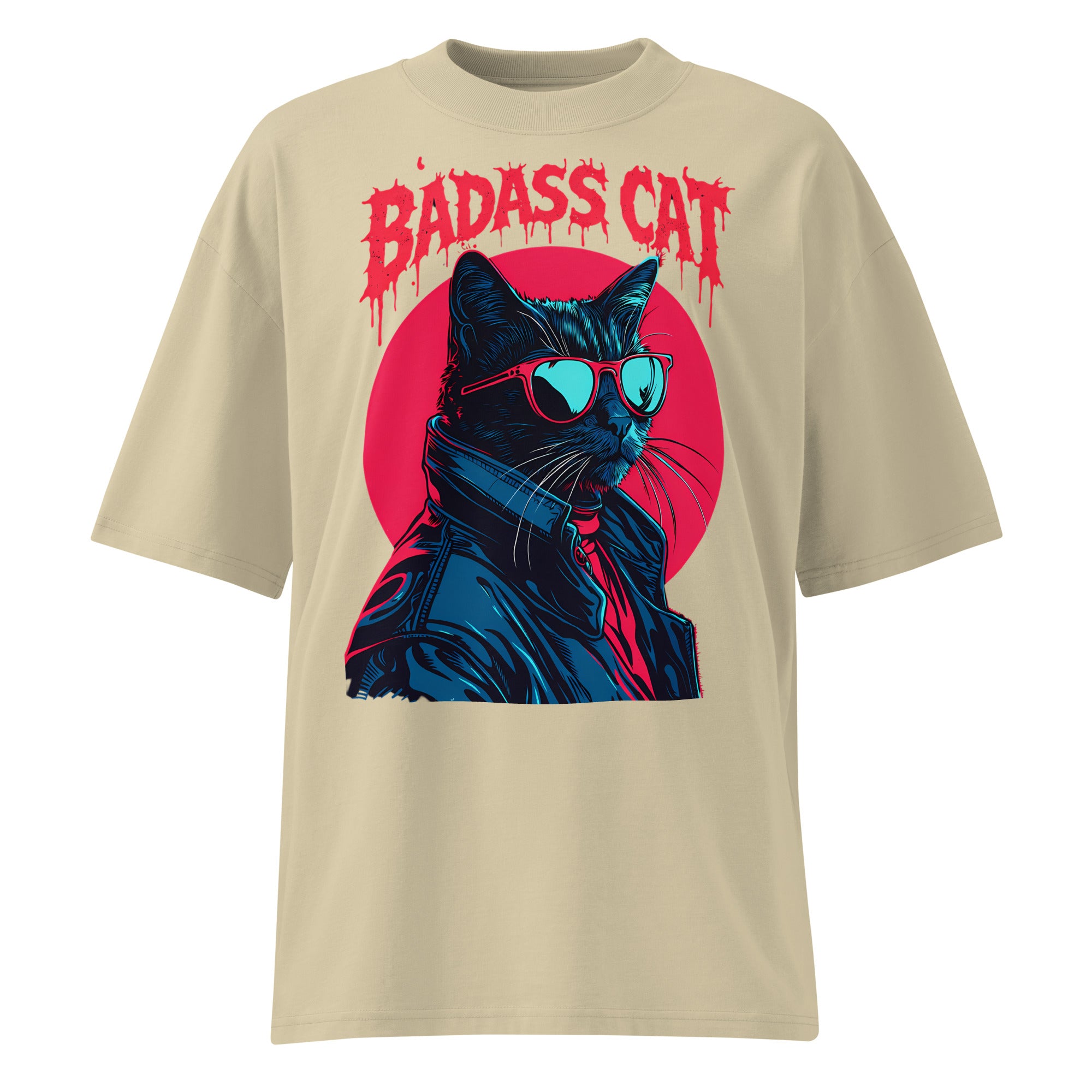 Oversized stone streetwear t-shirt with badass cat illustration wearing sunglasses and jacket with red circle background, front view