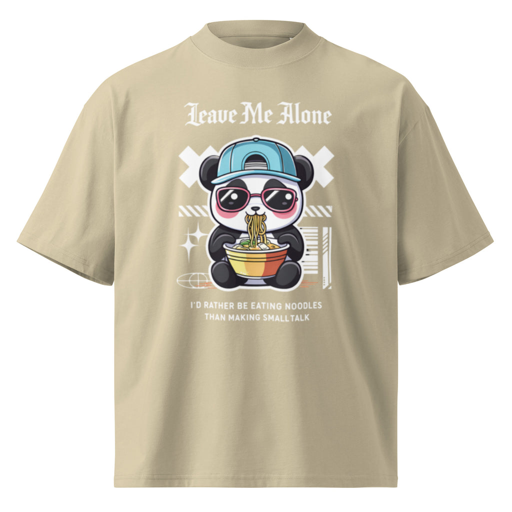 Oversized stone streetwear t-shirt with panda eating noodles cartoon graphic and leave me alone typography, front view