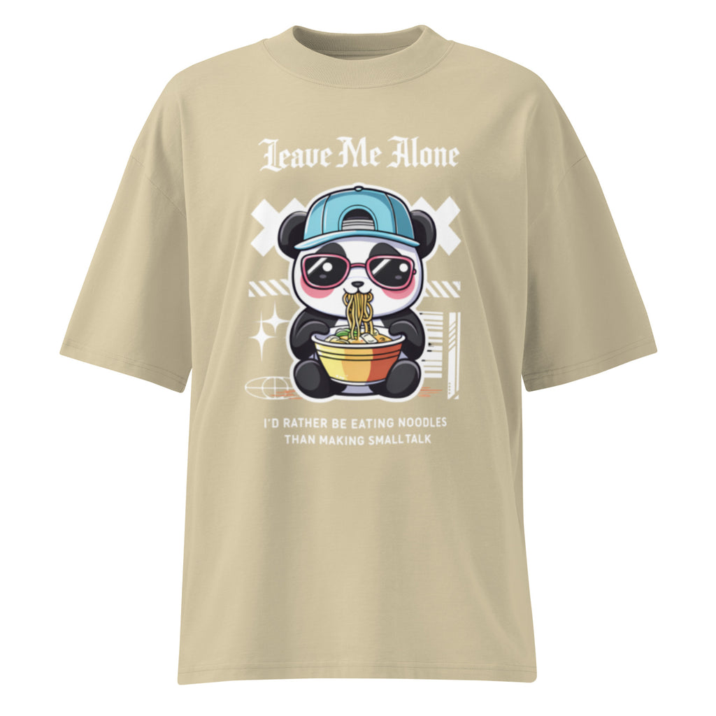 Oversized beige streetwear t-shirt with panda eating noodles cartoon graphic and leave me alone typography, front view
