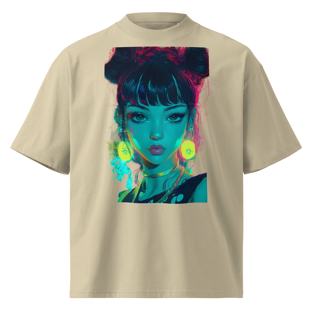 Oversized beige streetwear t-shirt with neon pop art woman portrait graphic, front view