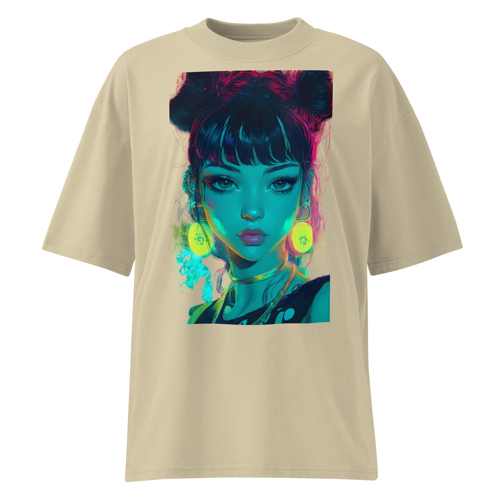 Beige oversized streetwear graphic t-shirt with colorful portrait print, front product mockup