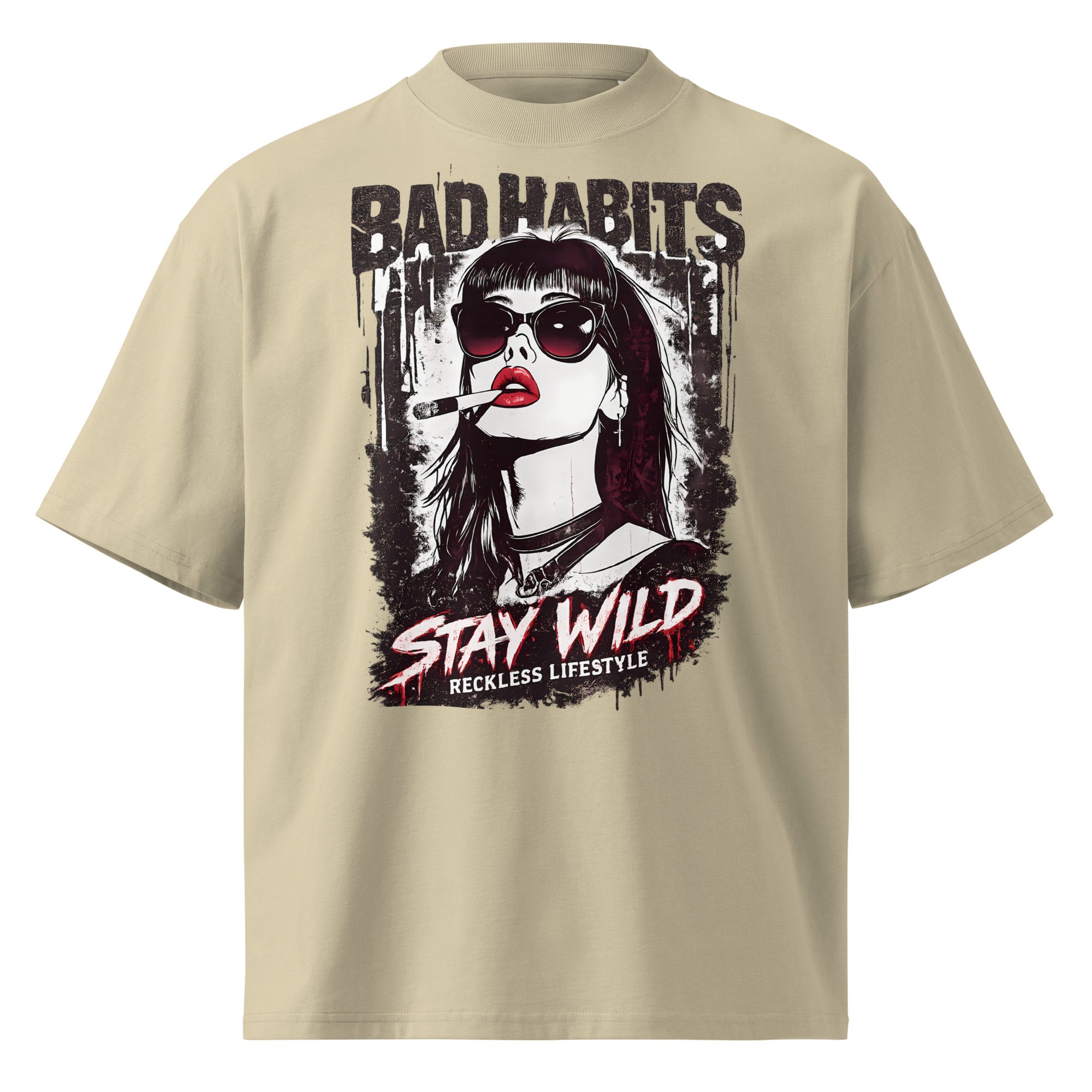 Beige oversized graphic tee with bad habits stay wild portrait artwork, front view