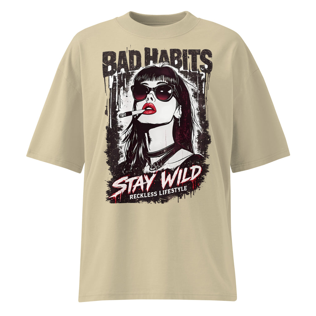 Beige oversized graphic tee with bad habits stay wild portrait artwork, front view