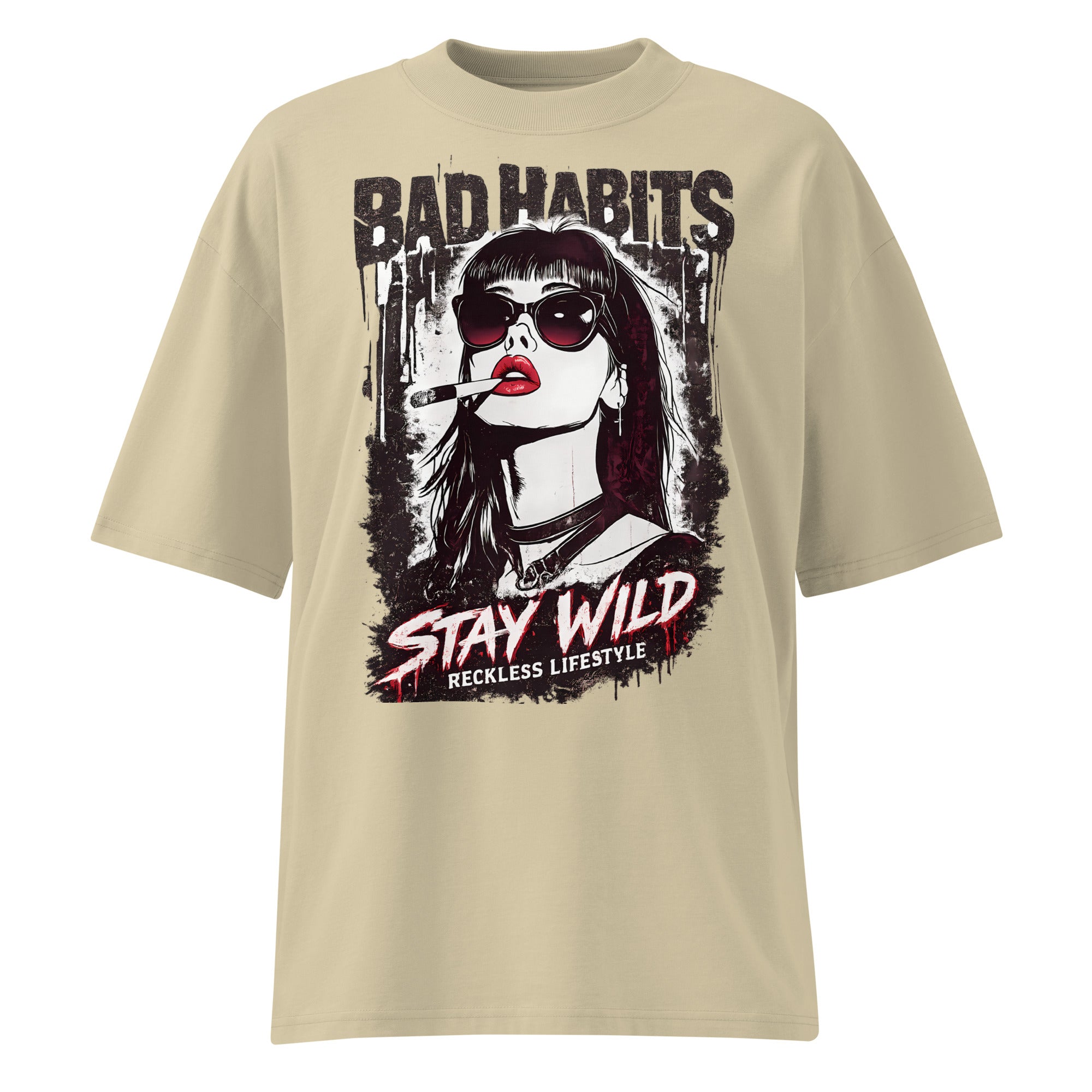 Beige oversized graphic tee with bad habits stay wild portrait artwork, front view