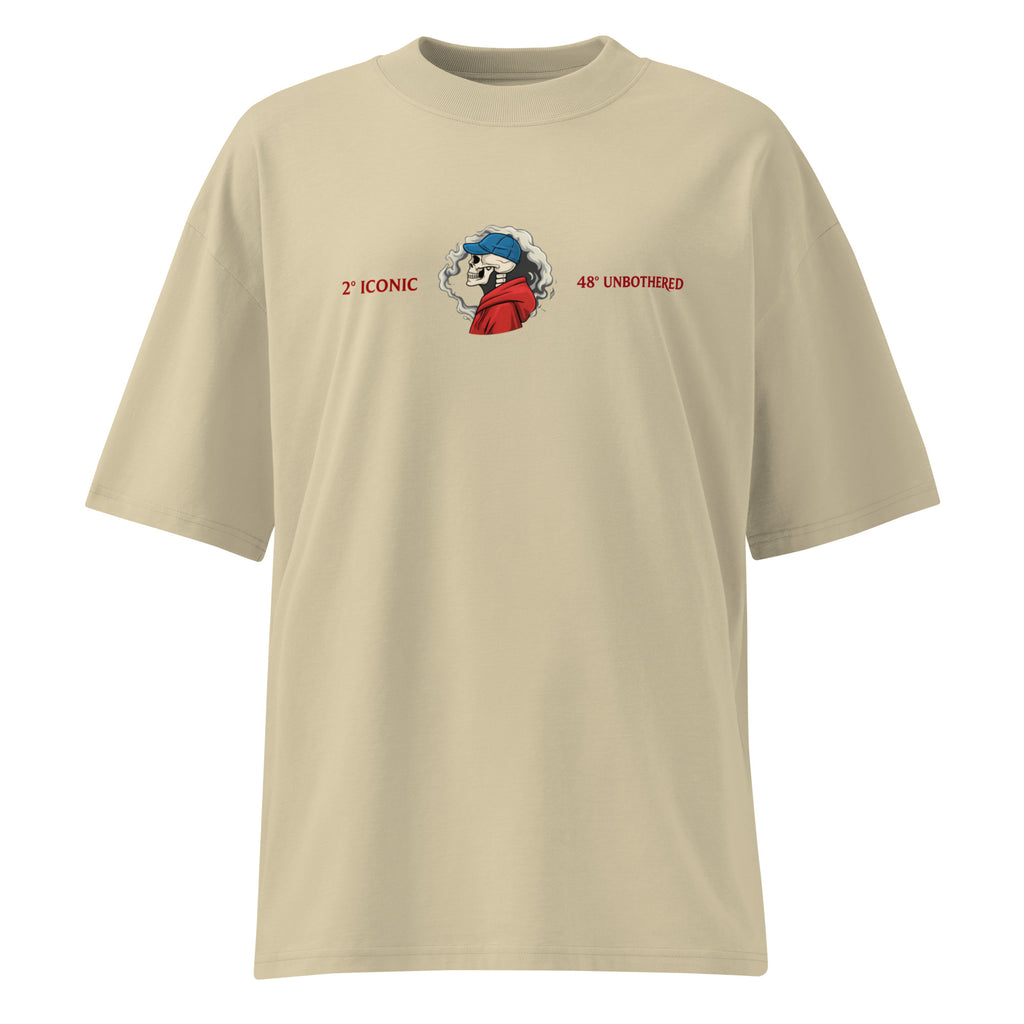 Beige oversized T-shirt with small chest graphic logo, relaxed fit, unisex casual streetwear.