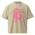 Sand beige women’s oversized t-shirt flat lay featuring pink “Main Character” graphic print with female illustration, trendy streetwear tee product image.