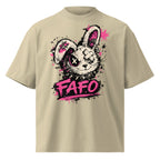 front view oversized beige graphic streetwear t shirt punk rabbit graffiti design urban streetwear clothing