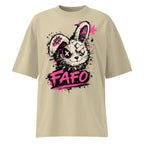 flat lay oversized beige graphic streetwear t shirt punk rabbit street art design streetwear fashion