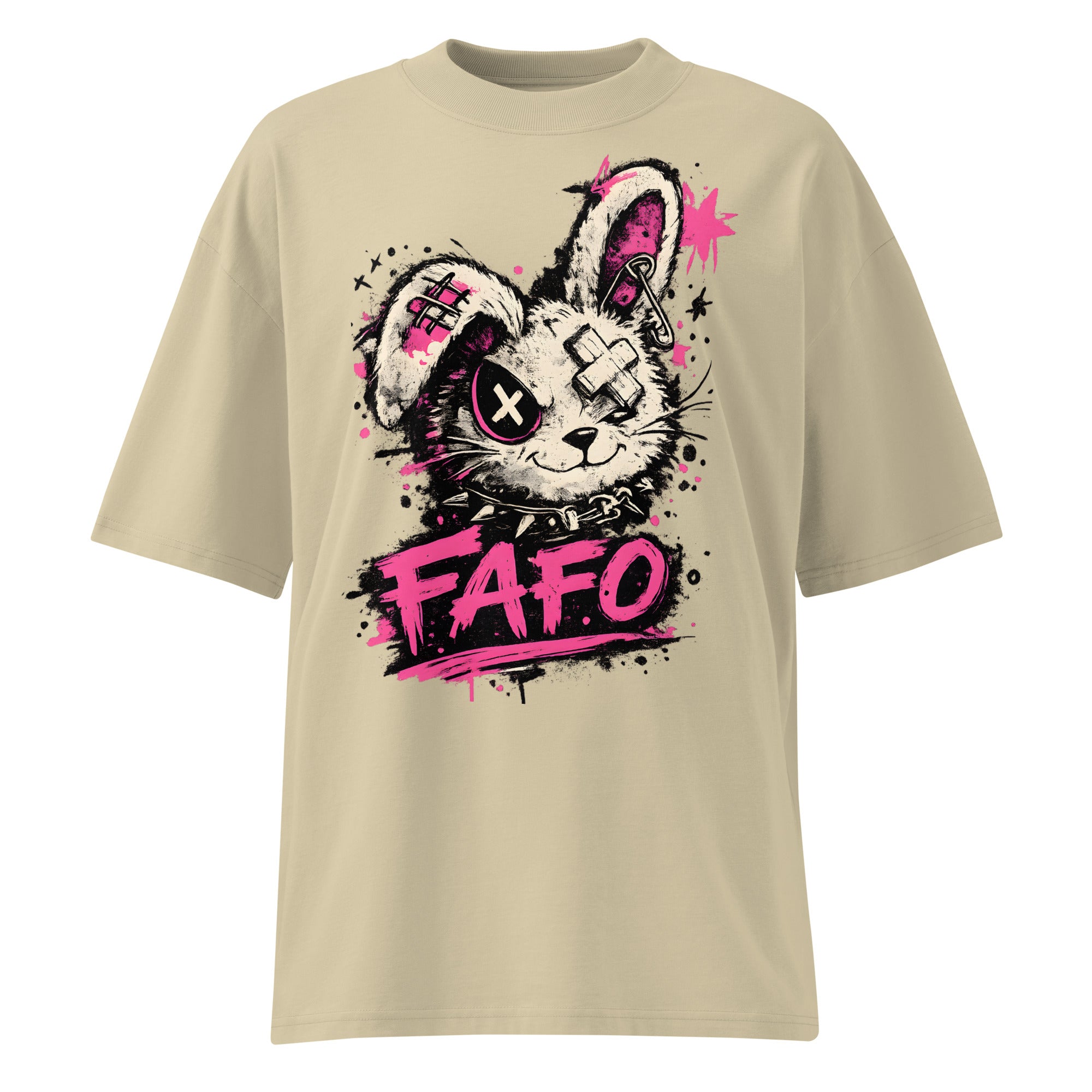 flat lay oversized beige graphic streetwear t shirt punk rabbit street art design streetwear fashion