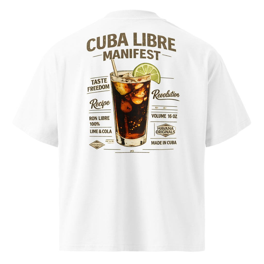 White streetwear t-shirt back view with large “Cuba Libre Manifest” cocktail graphic print, vintage drink illustration, unisex graphic tee.