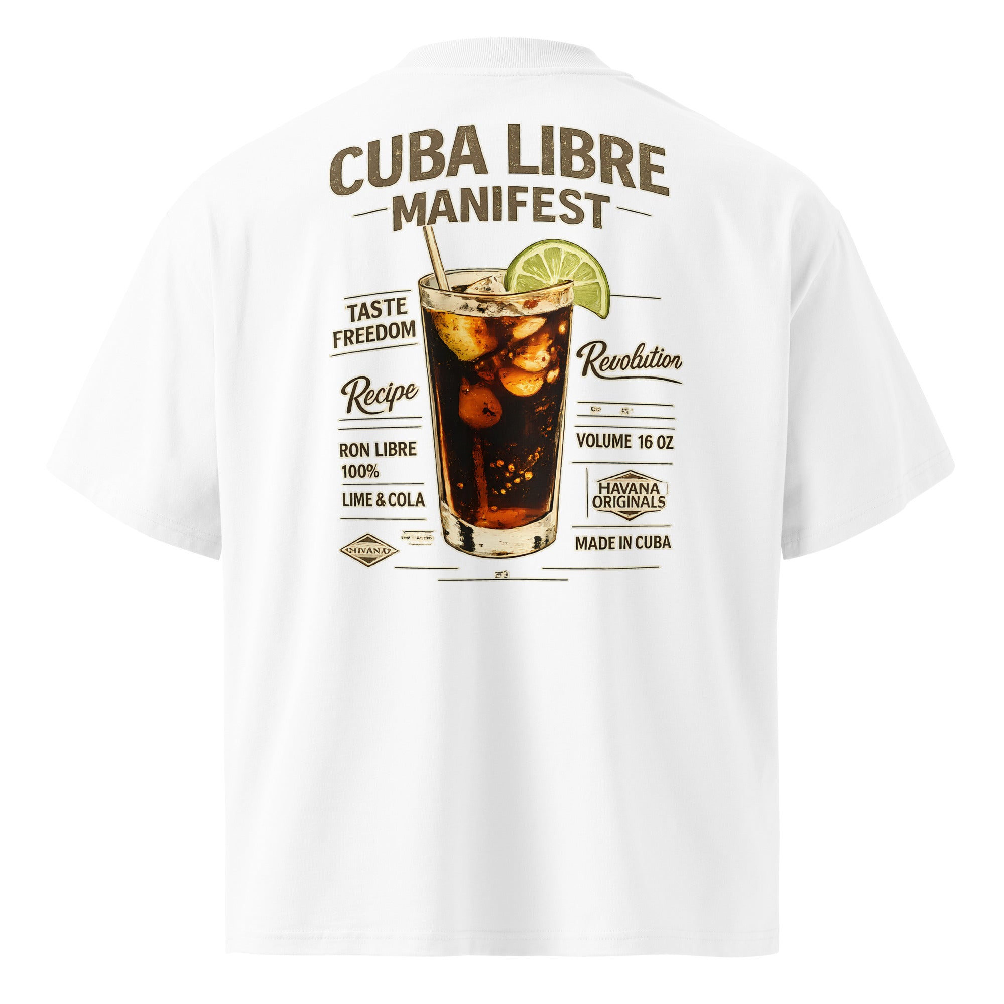 White streetwear t-shirt back view with large “Cuba Libre Manifest” cocktail graphic print, vintage drink illustration, unisex graphic tee.