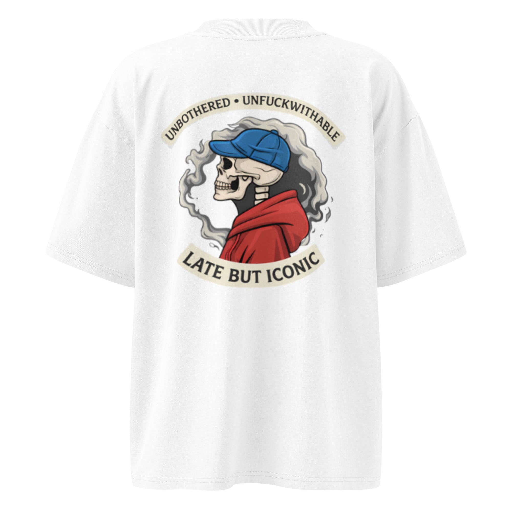 White oversized graphic T-shirt with large back print featuring vintage-style illustration and bold typography, streetwear unisex design.