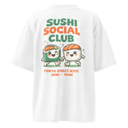 back view white oversized graphic streetwear t shirt sushi social club cartoon sushi design urban streetwear outfit