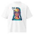 White streetwear graphic t-shirt with colorful pop art woman portrait illustration and bold “Bold Look” text, front view product mockup on clean background.