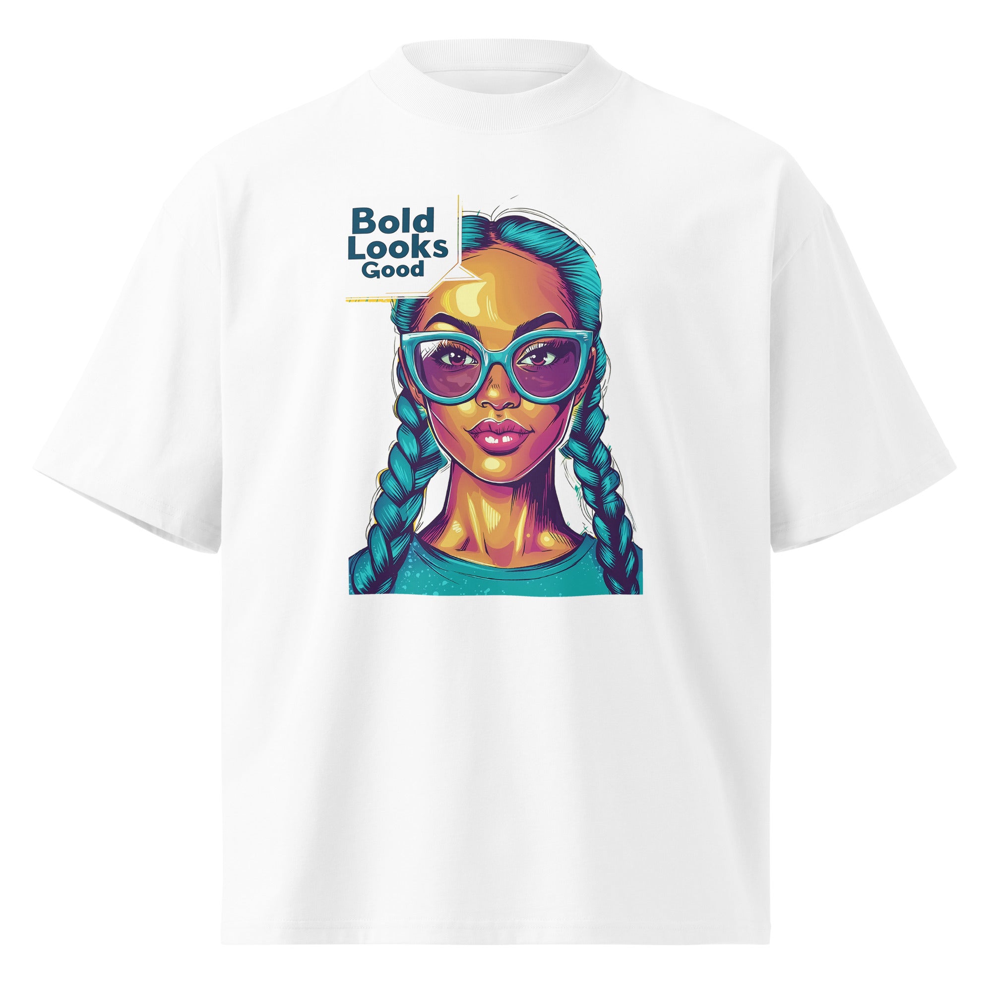 White streetwear graphic t-shirt with colorful pop art woman portrait illustration and bold “Bold Look” text, front view product mockup on clean background.