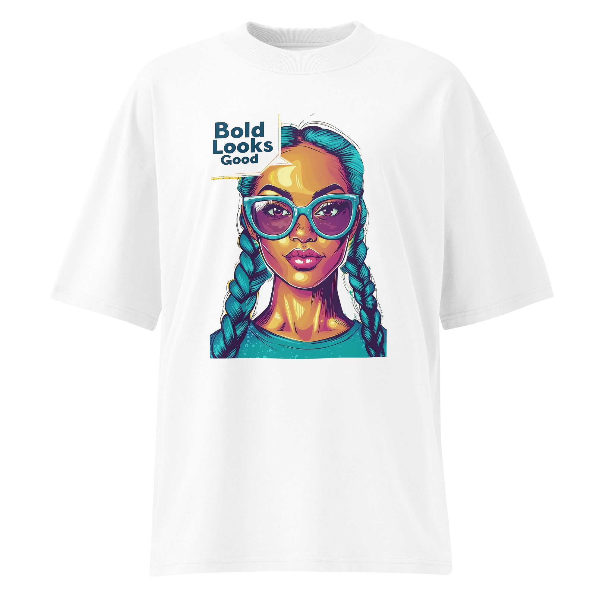 White graphic t-shirt flat lay showing vibrant pop art female portrait print with bright neon colors and bold streetwear aesthetic.