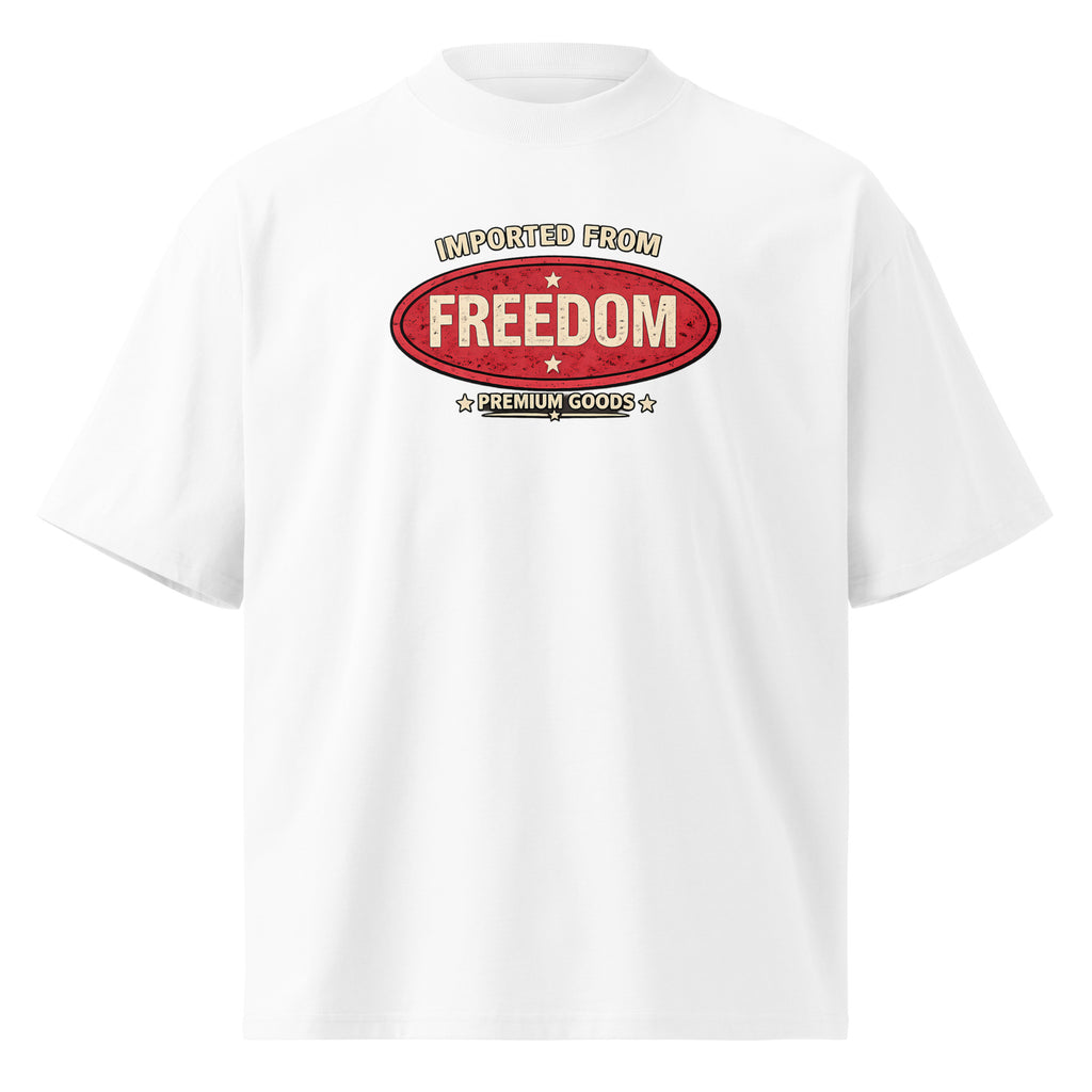 White graphic t-shirt front view with vintage red “Imported from Freedom – Premium Goods” chest logo, retro streetwear typography print, unisex casual tee.