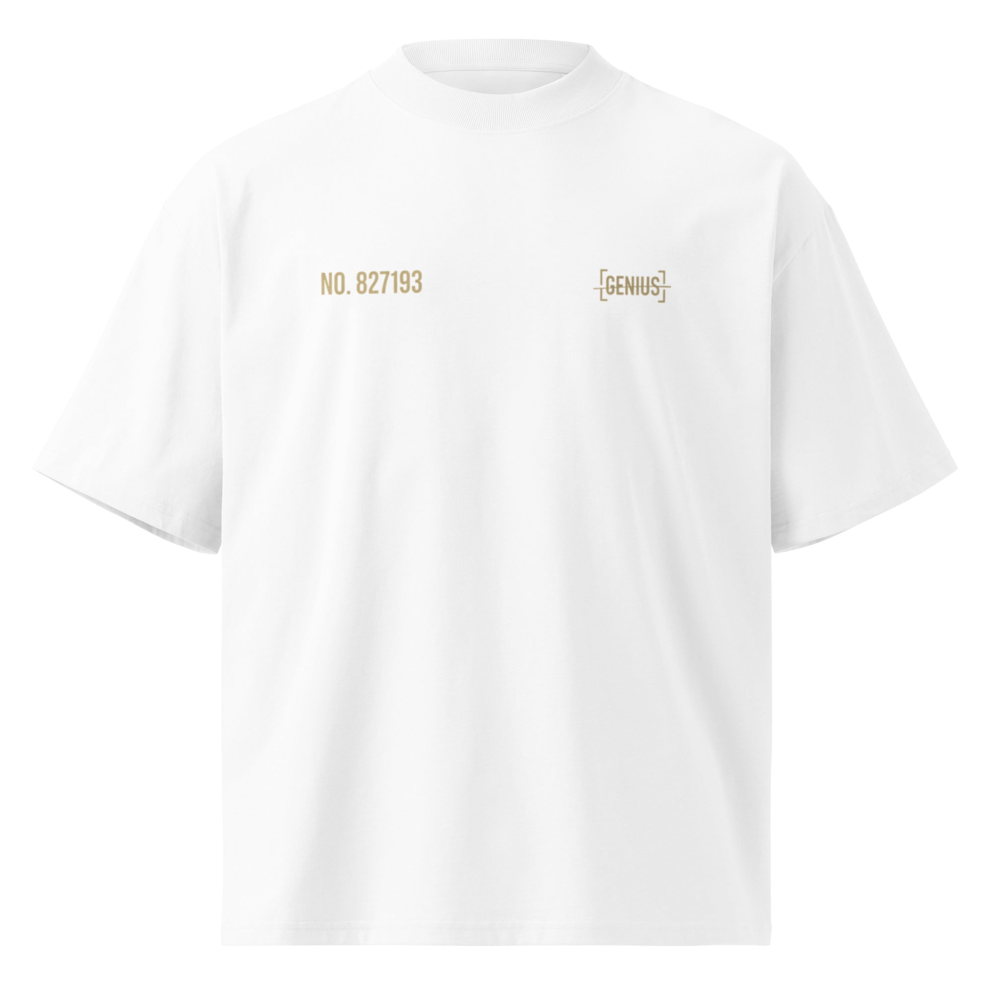White oversized tee with small gold chest prints and clean minimalist design