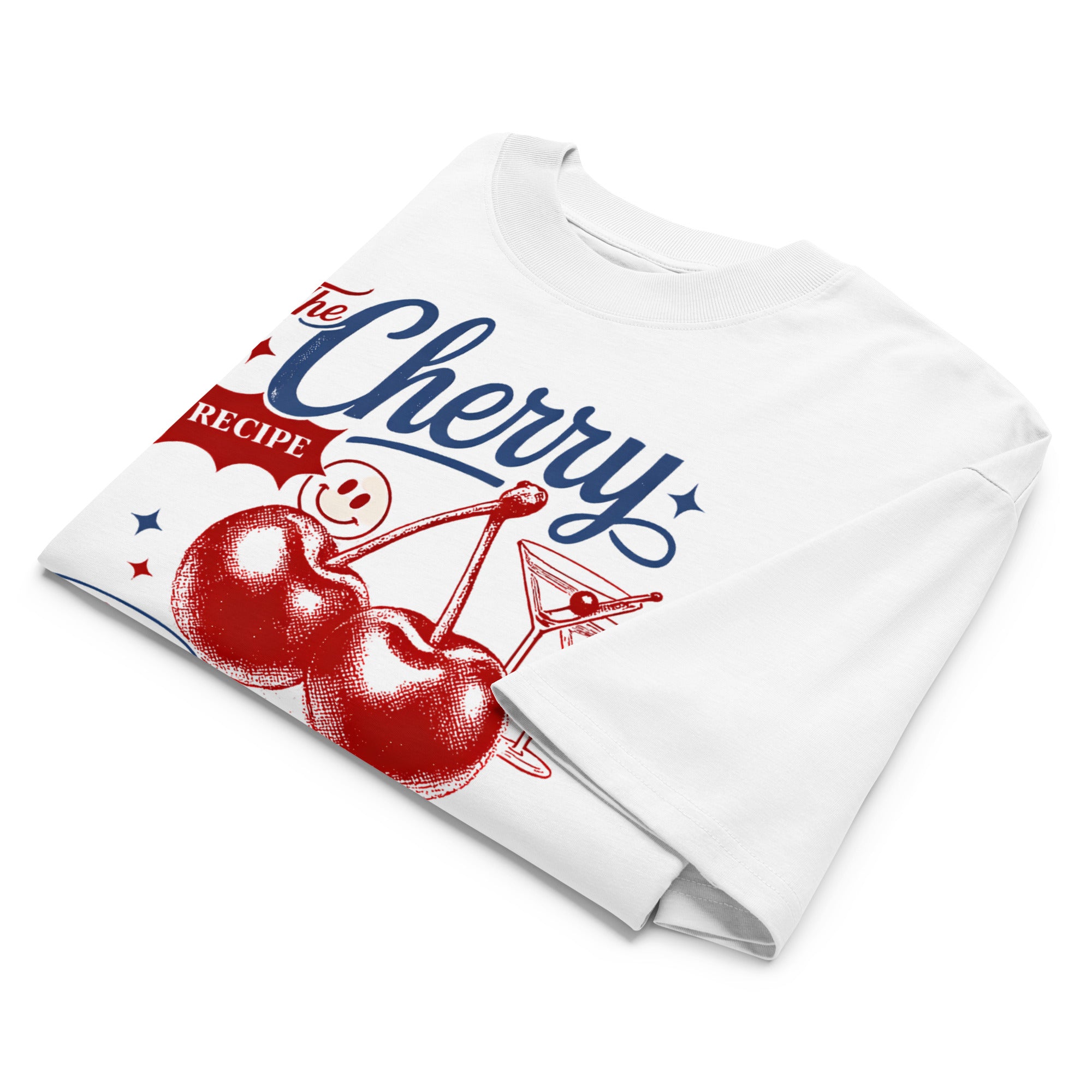 Close-up of vintage cherry cocktail recipe design with red blue typography and illustrated cherries on white cotton
