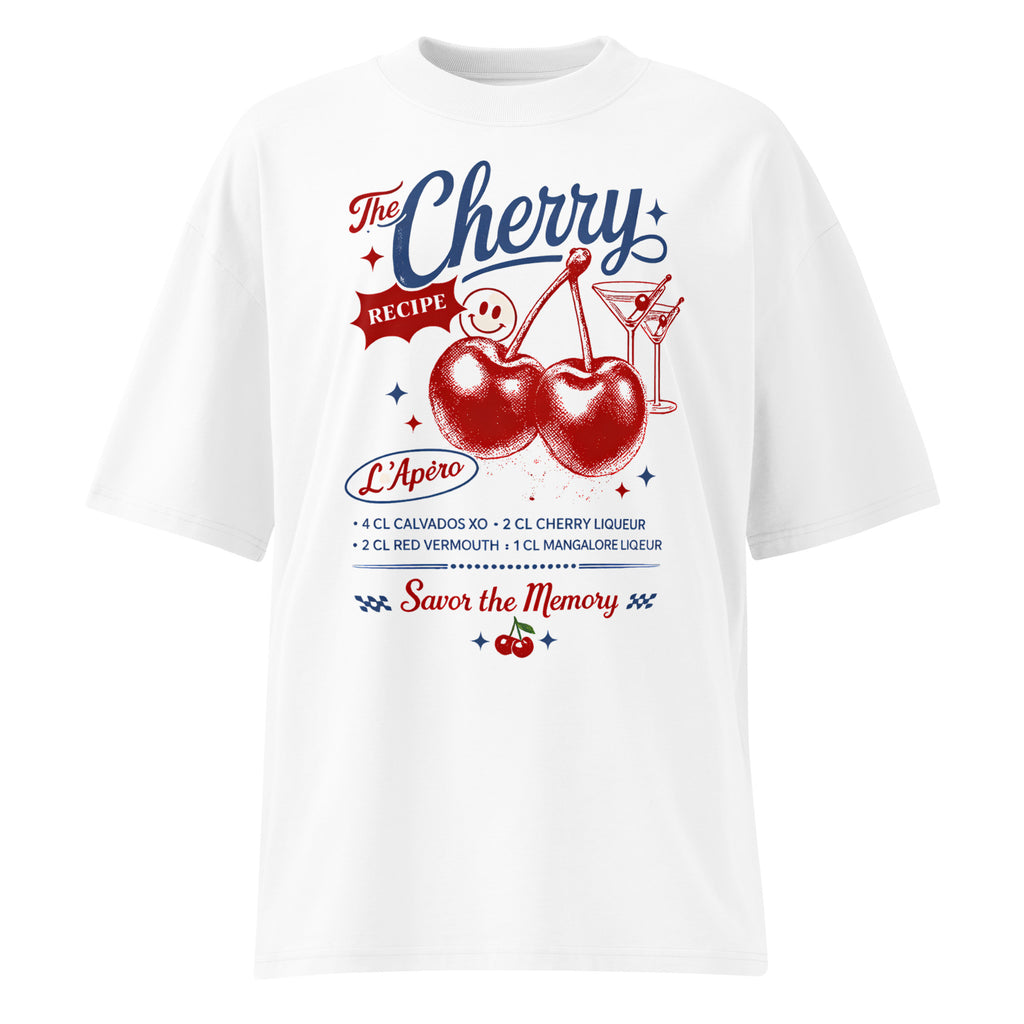 White oversized streetwear T-shirt with vintage cherry cocktail graphic, retro recipe typography and red blue cherries illustration