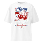 White oversized streetwear T-shirt with vintage cherry cocktail graphic, retro recipe typography and red blue cherries illustration