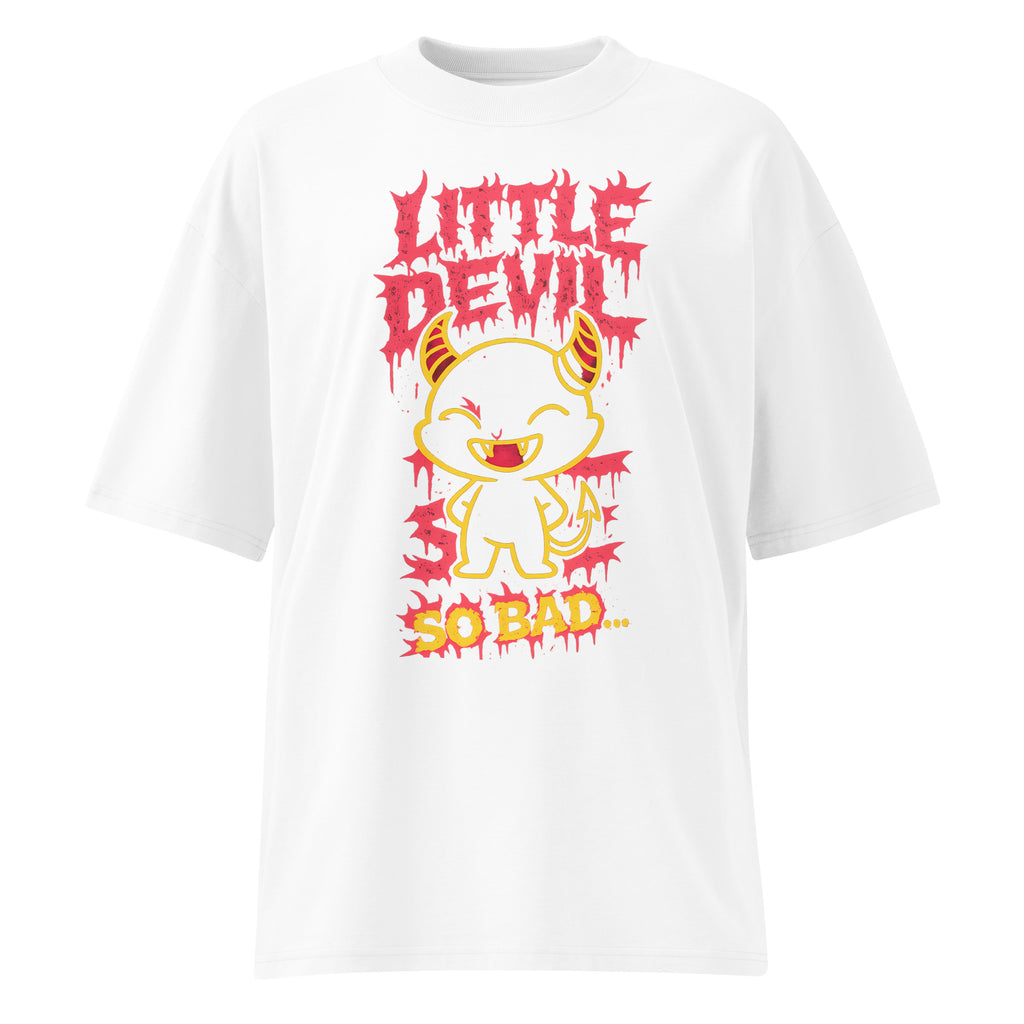 White oversized streetwear T-shirt featuring a dripping red “Little Devil” graphic, cute cartoon devil character illustration and bold “So Bad” slogan print on the front
