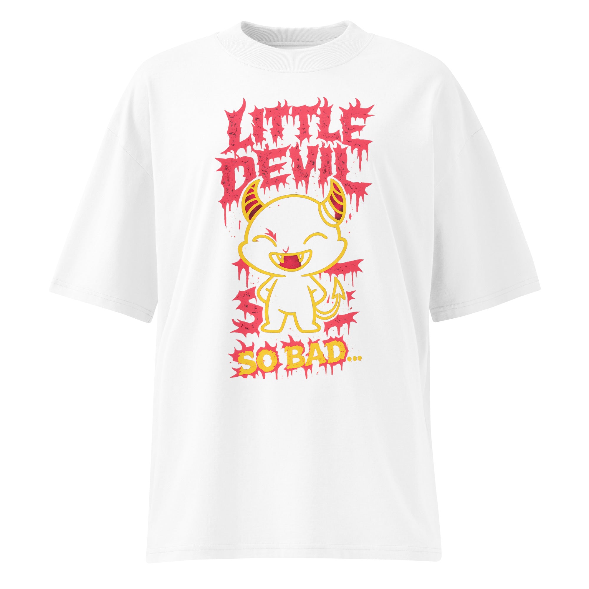 White oversized streetwear T-shirt featuring a dripping red “Little Devil” graphic, cute cartoon devil character illustration and bold “So Bad” slogan print on the front