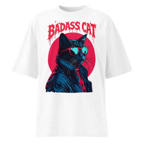 Oversized white streetwear t-shirt with badass cat illustration wearing sunglasses and jacket with red circle background, front view