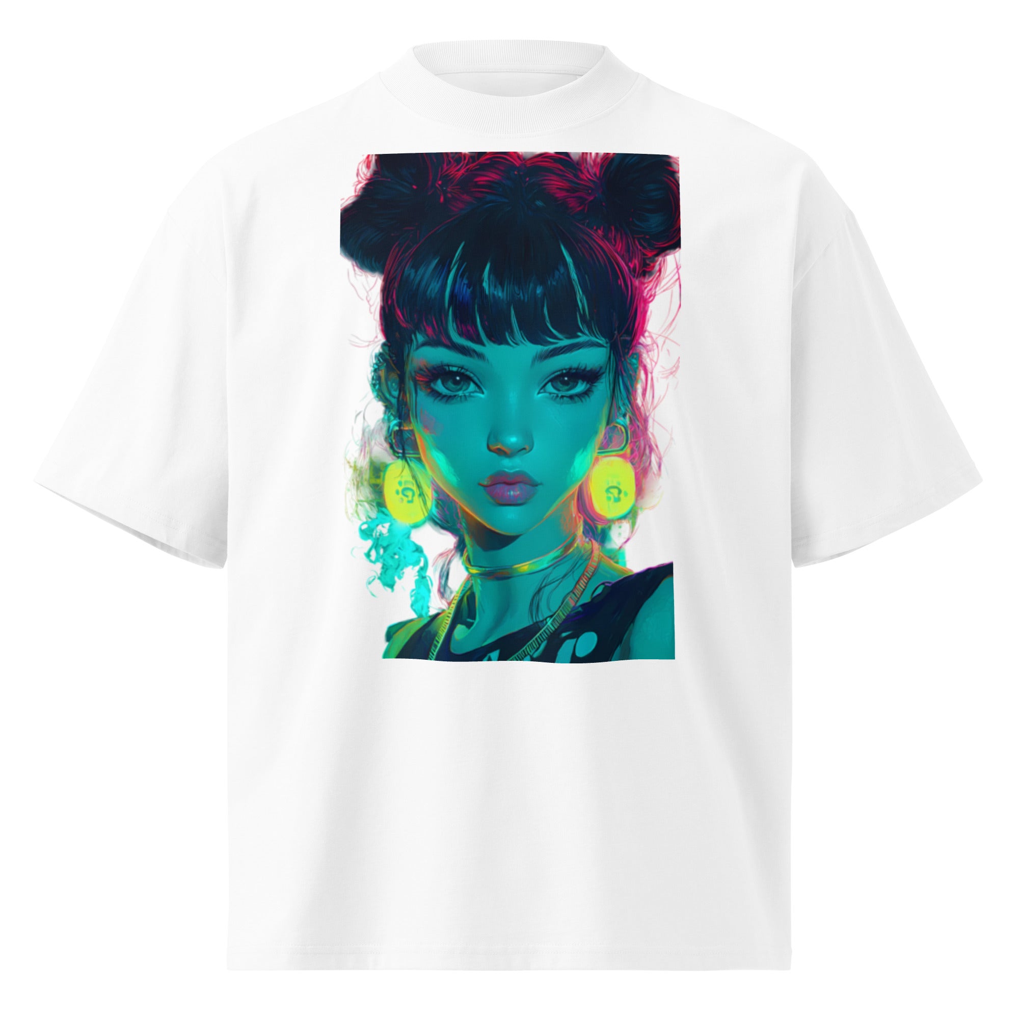 Oversized white streetwear t-shirt with neon pop art woman portrait graphic, front view