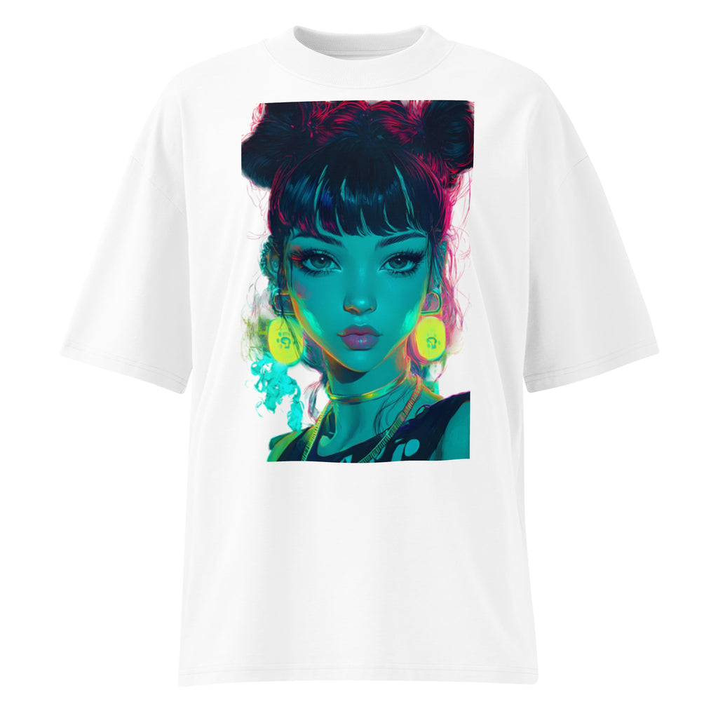 White oversized streetwear graphic t-shirt with colorful portrait print, front product mockup