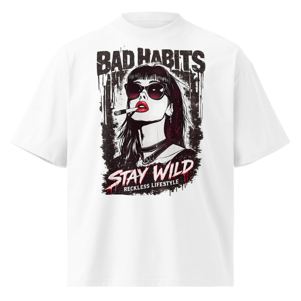 White oversized streetwear graphic t-shirt with bad habits stay wild punk portrait design, front view