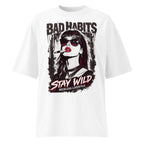 White oversized streetwear graphic t-shirt with bad habits stay wild punk portrait design, front view