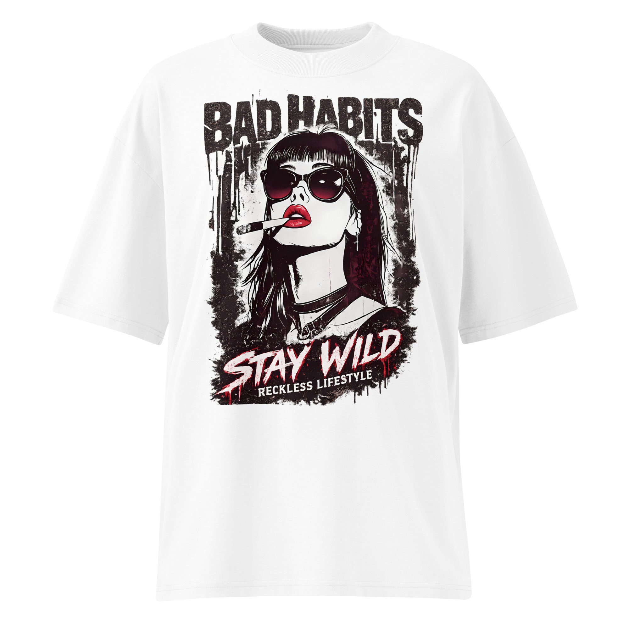 White oversized streetwear graphic t-shirt with bad habits stay wild punk portrait design, front view