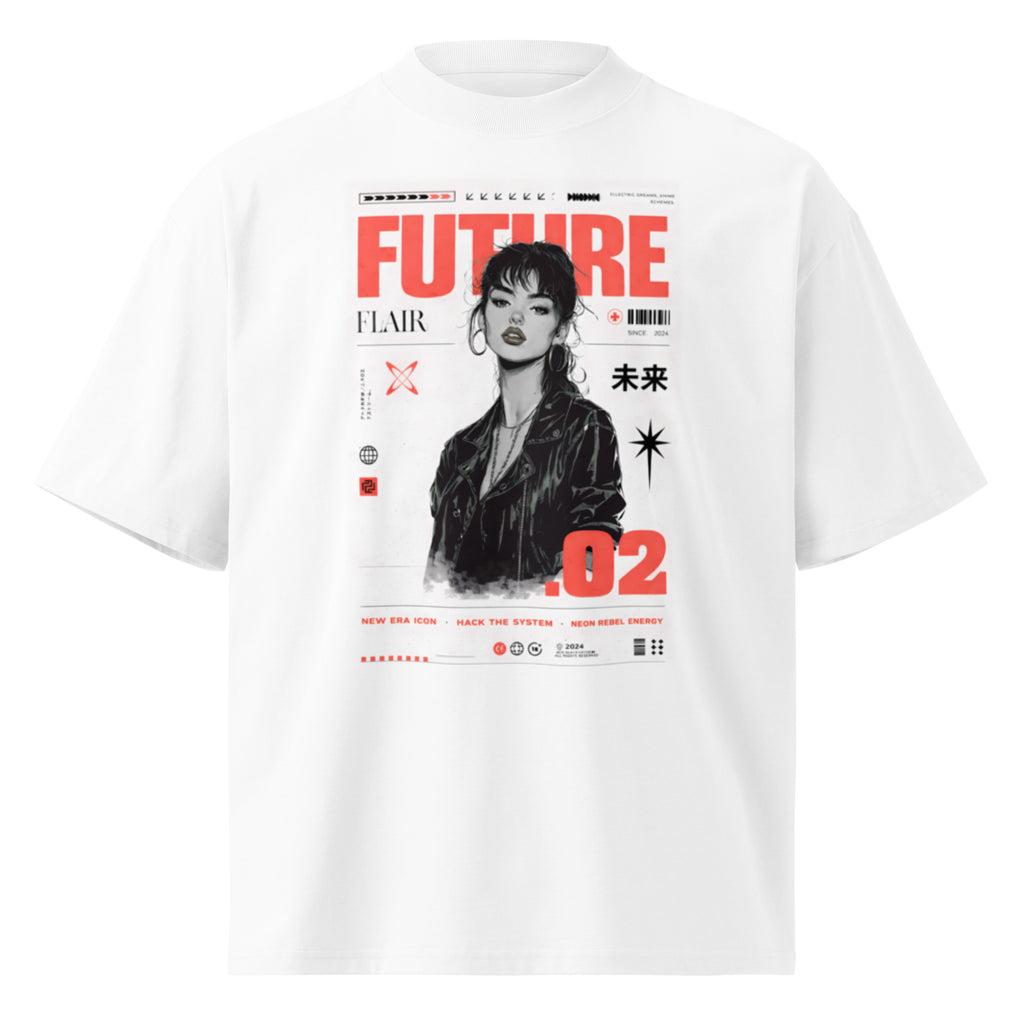 White oversized streetwear graphic t-shirt with futuristic portrait design, red typography and cyber street style artwork, front view