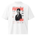 White oversized streetwear graphic t-shirt with futuristic portrait design, red typography and cyber street style artwork, front view