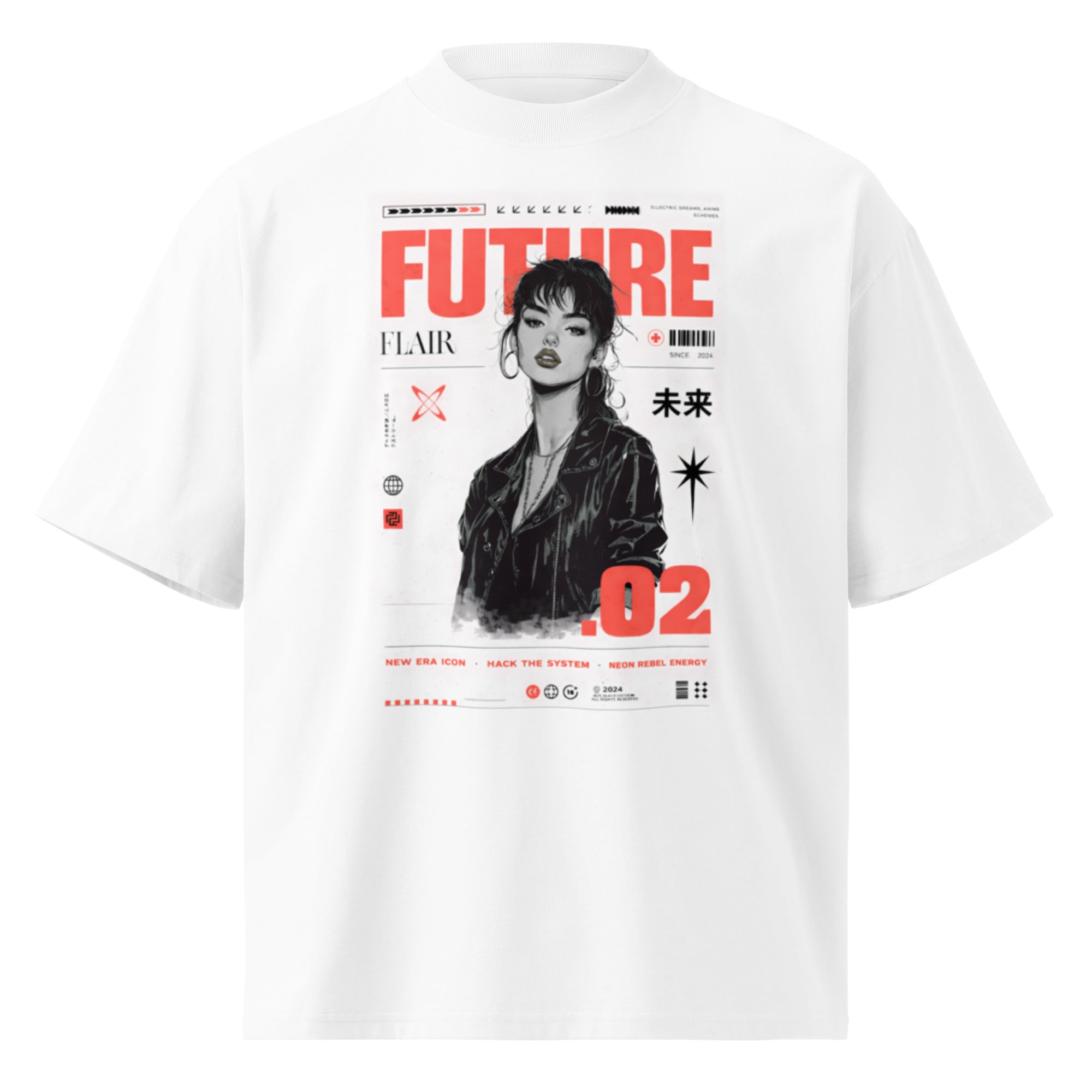 White oversized streetwear graphic t-shirt with futuristic portrait design, red typography and cyber street style artwork, front view