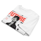 White oversized streetwear graphic t-shirt with futuristic portrait design, red typography and cyber street style artwork, front view