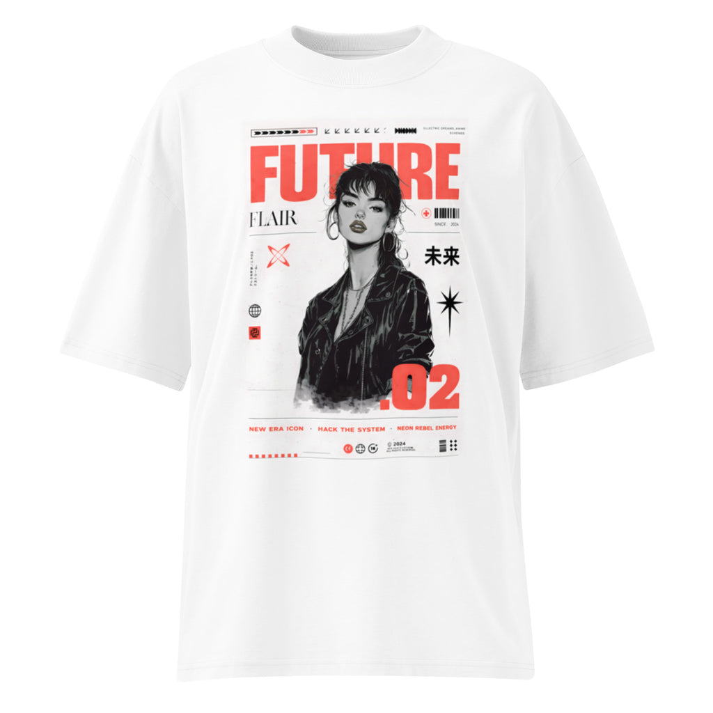 White oversized streetwear graphic t-shirt with futuristic portrait design, red typography and cyber street style artwork, front view