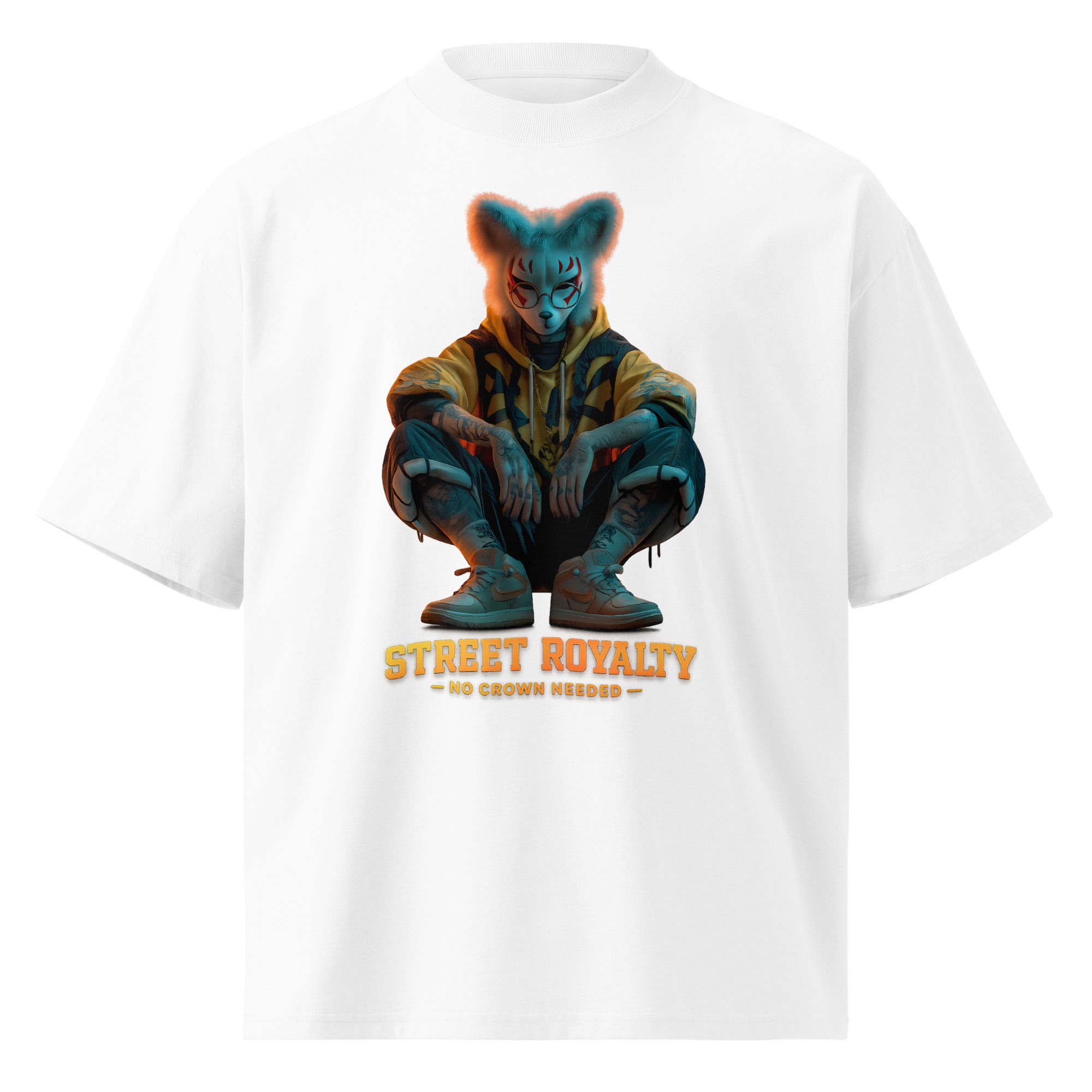 White oversized streetwear graphic t-shirt with urban royalty character illustration