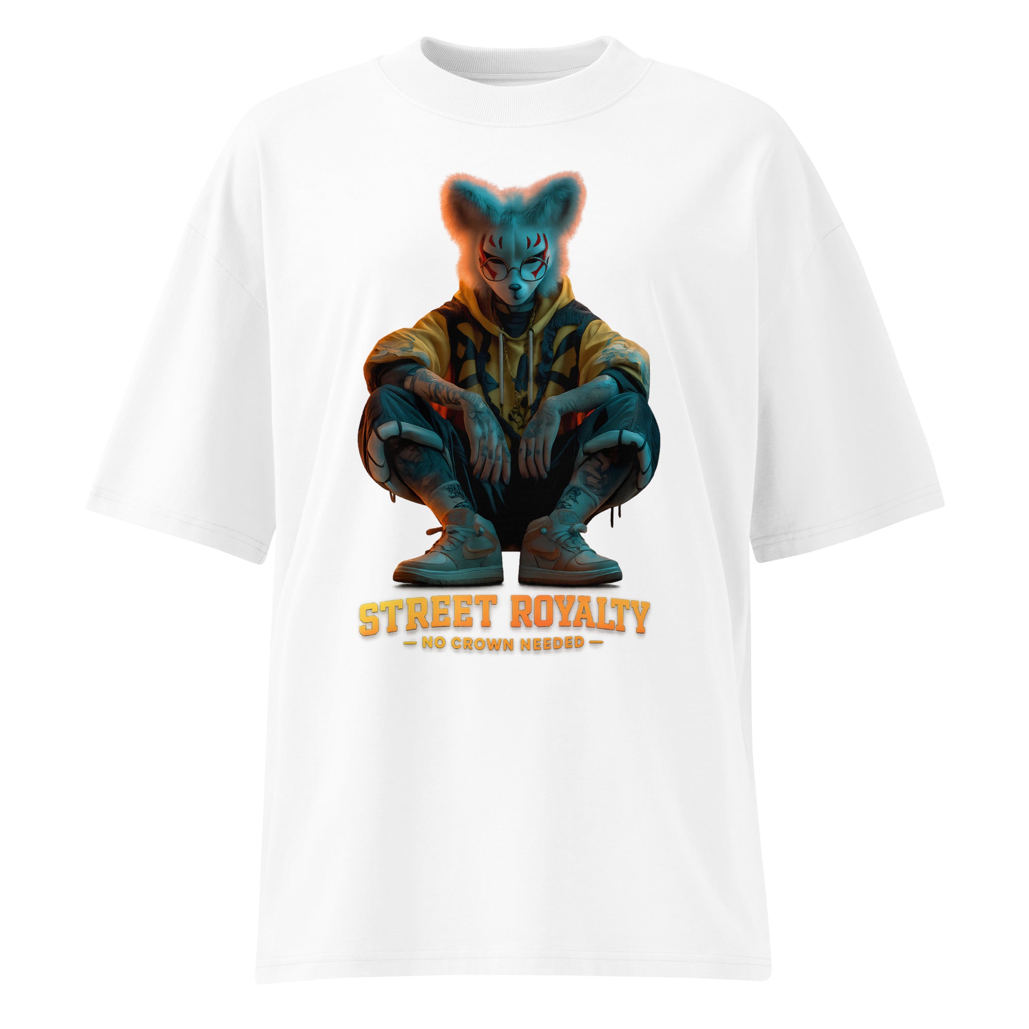 White oversized streetwear graphic t-shirt with urban royalty character illustration