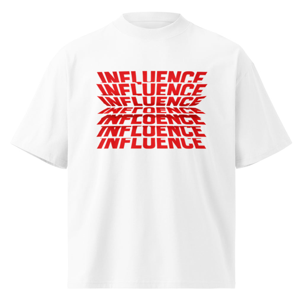 White oversized streetwear t-shirt with red influence typography graphic print
