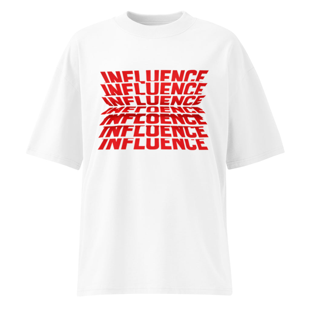White oversized streetwear t-shirt with red influence typography graphic print