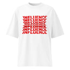 White oversized streetwear t-shirt with red influence typography graphic print