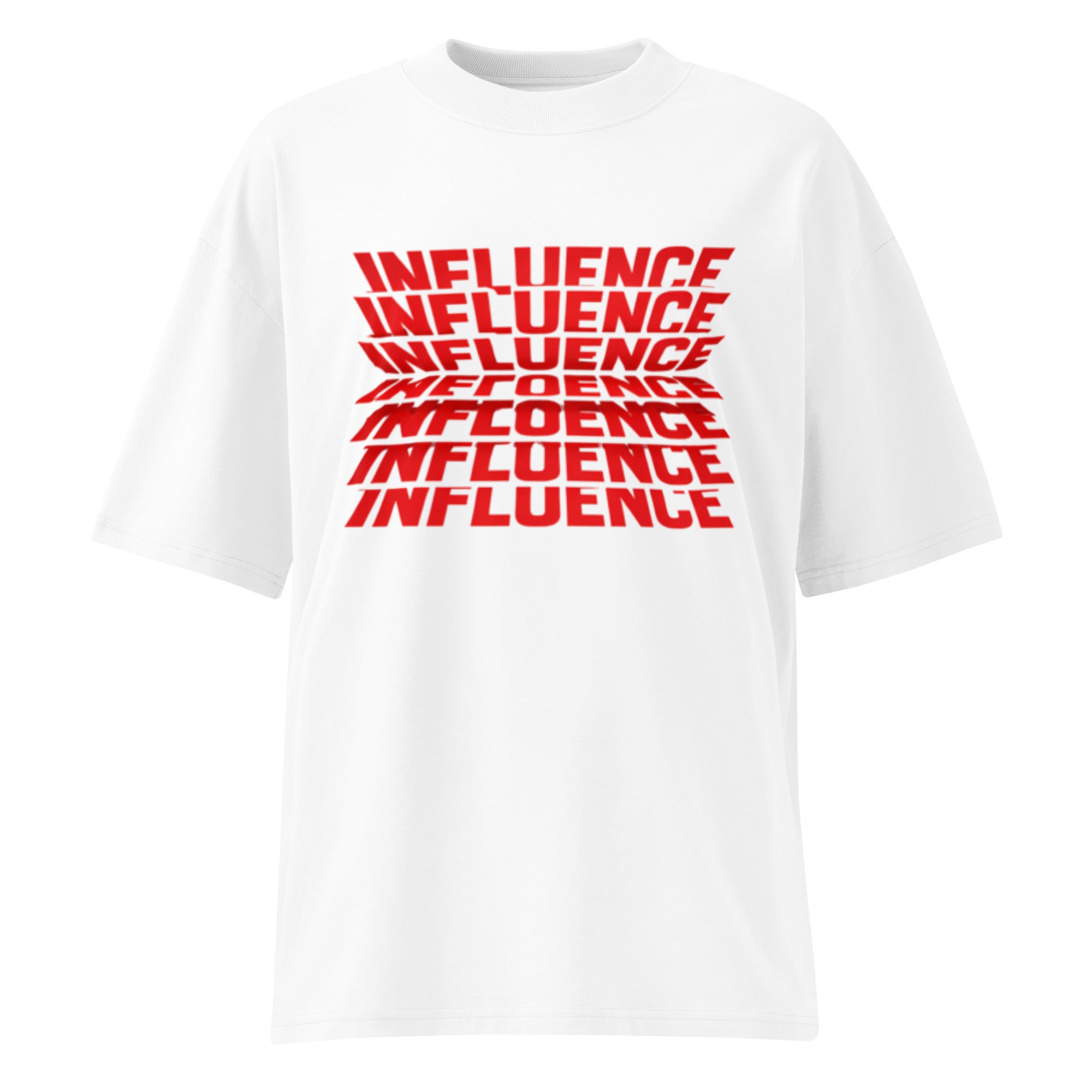 White oversized streetwear t-shirt with red influence typography graphic print