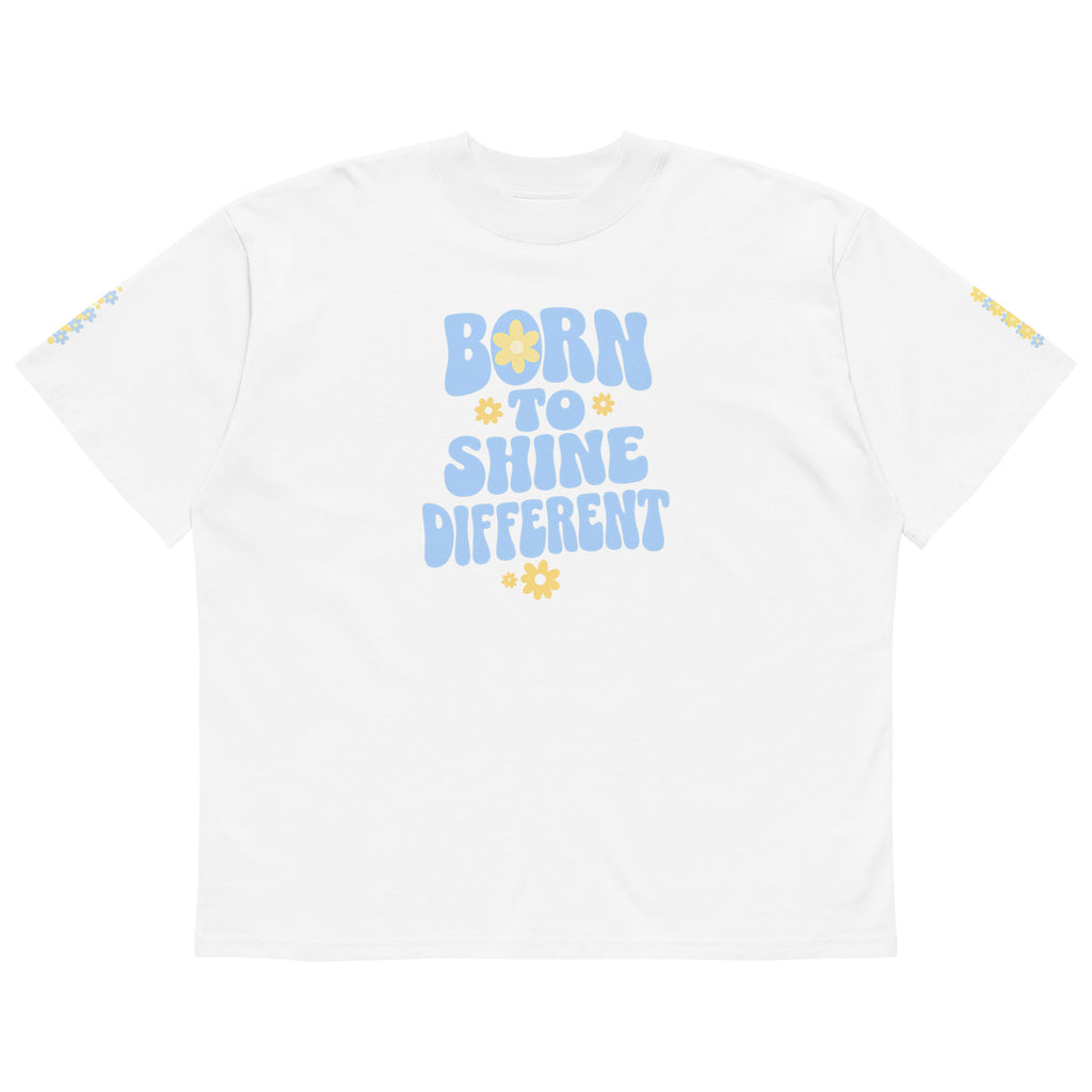 White oversized t-shirt with Born to Shine Different pastel blue graphic front print