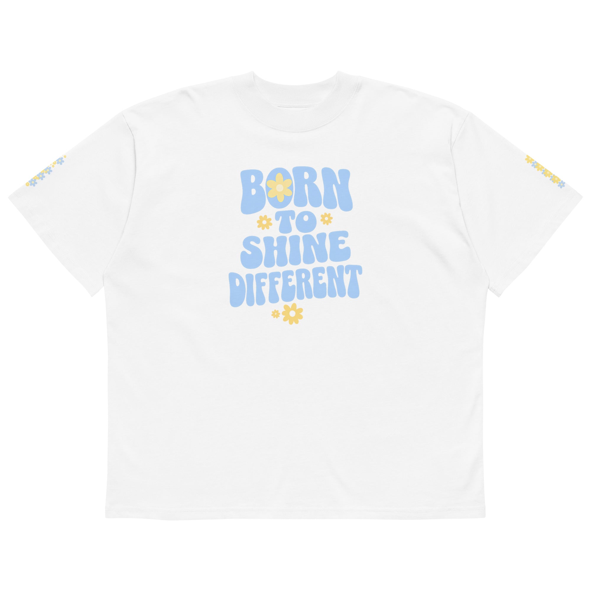 White oversized t-shirt with Born to Shine Different pastel blue graphic front print