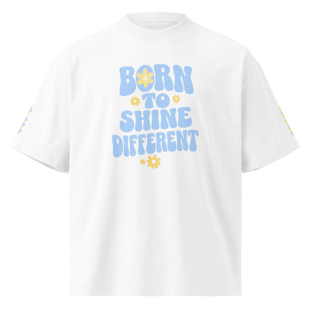 White oversized t-shirt with Born to Shine Different pastel blue graphic front print