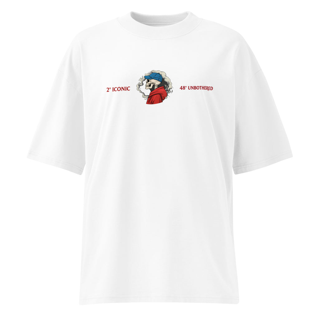 White oversized T-shirt with small chest logo print, relaxed unisex fit, minimalist streetwear style.
