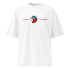 White oversized T-shirt with small chest logo print, relaxed unisex fit, minimalist streetwear style.