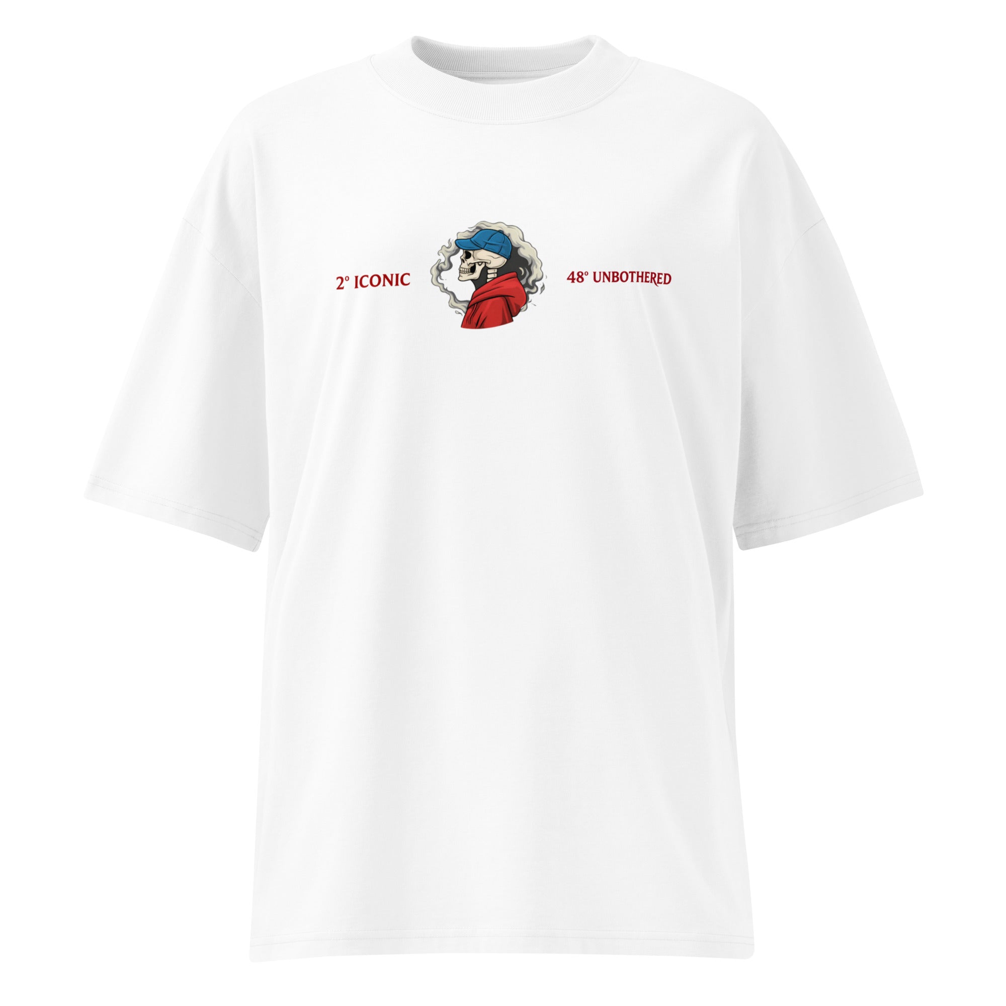 White oversized T-shirt with small chest logo print, relaxed unisex fit, minimalist streetwear style.